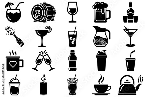 Assortment of Beverages: A visual array of diverse beverages, from cocktails to tea, each presented in a striking black-and-white illustration to represent different drinking culture