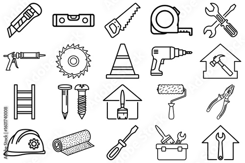 Assortment of Construction Instruments: An array of tools from saws and levels to hammers and drills, the collection showcases an illustration of essential equipment required for construction.