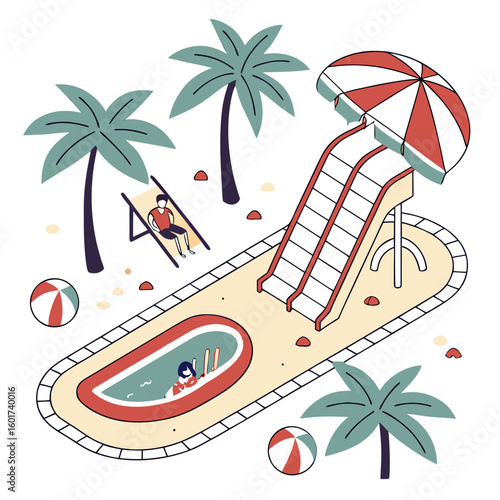 Playful resort scene with waterslide pool and palm trees beach ball