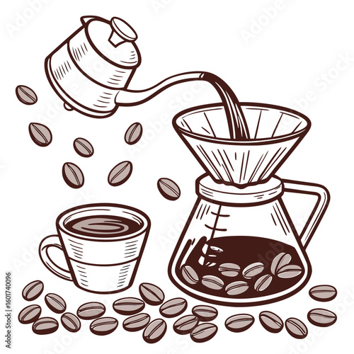 Pour over coffee preparation with beans and cup coffee maker coffee beans