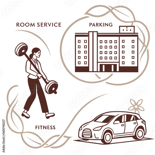 Resort amenities fitness parking room service car building workout weightlifting