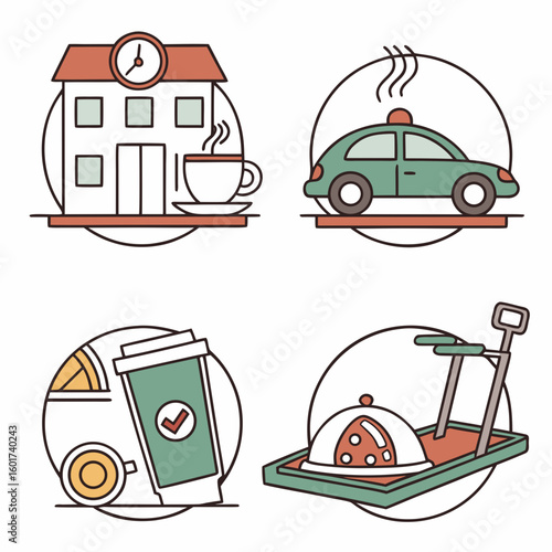 Resort amenities building car coffee cup food service clock saucer