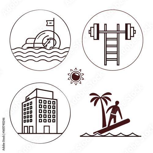 Resort amenities icons including swimming pool gym building and surfing vector icons