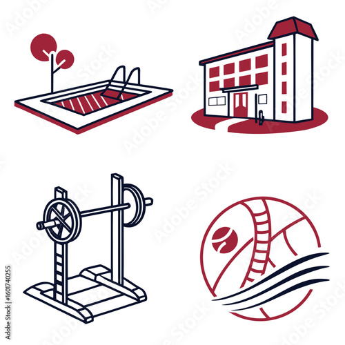 Resort amenities icons swimming pool building gym and sport vector
