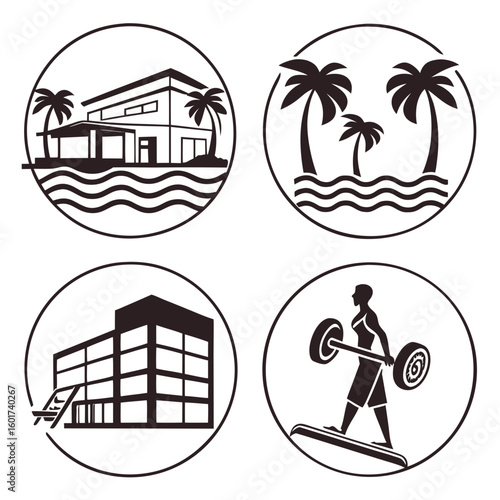 Resort amenities icons tropical building gym fitness vector