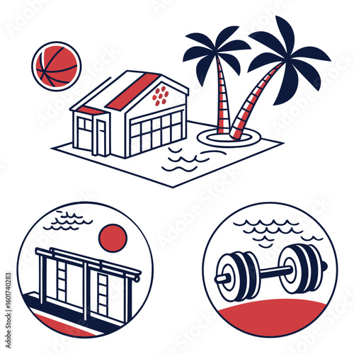 Resort amenities icons with building palm trees basketball gym equipment vector