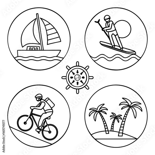 Sailboat cycling paddleboarding island palms steering wheel sailing water