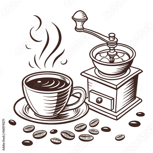 Steaming coffee cup and vintage grinder with beans saucer coffee beans