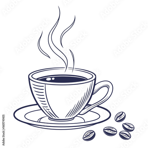 Steaming coffee cup with scattered beans saucer