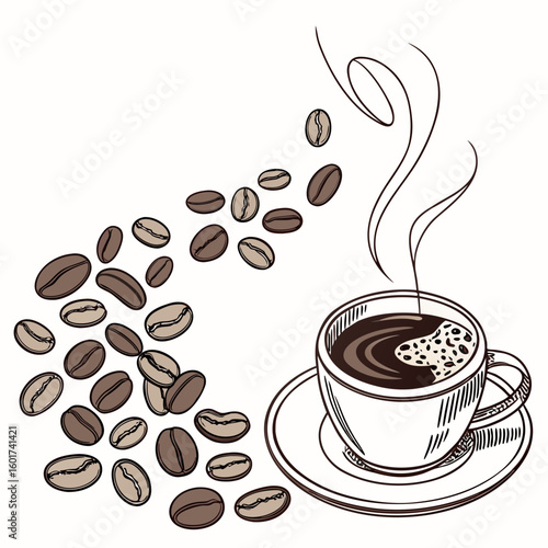 Steaming coffee cup with scattered beans saucer