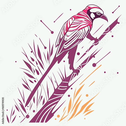 Stylized bird perched on branch with abstract foliage vector