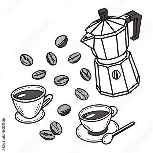 Stylized coffee maker cups and beans espresso moka pot