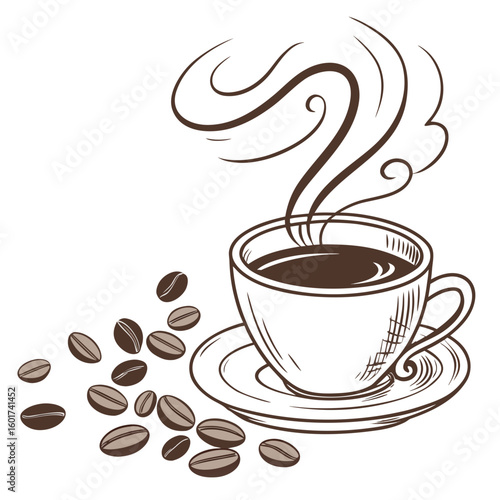 Steaming coffee cup with scattered beans saucer