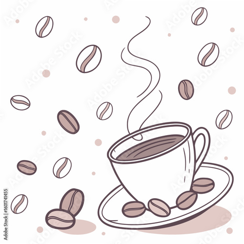 Steaming coffee cup with scattered beans saucer