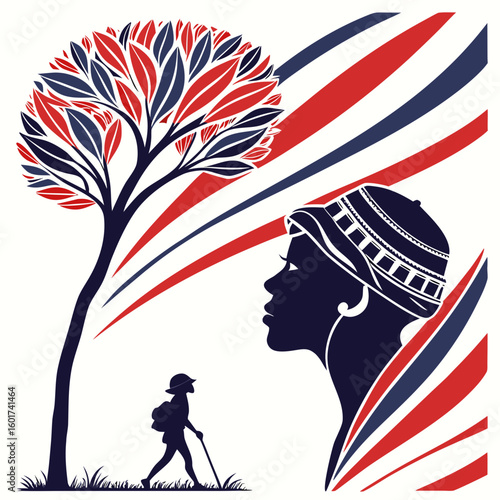 Stylized tree and woman silhouette with red blue white stripes leaves profile