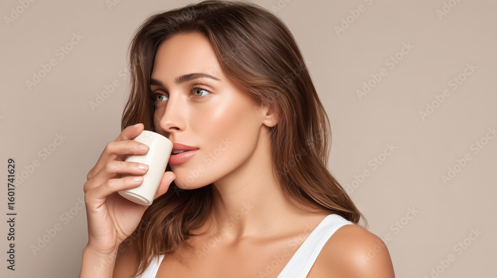 A woman drinking a liquid collagen supplement. A woman with glowing, healthy skin is drinking a liquid collagen supplement from a small, elegant bottle or sachet.
A woman drinking a liquid collagen supplement. A woman with glowing, healthy skin is drinking a liquid collagen supplement from a small, elegant bottle or sachet.