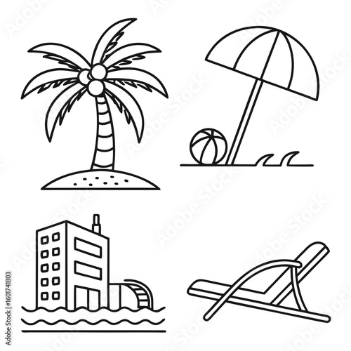 Tropical palm tree beach umbrella lounge chair building island coconuts