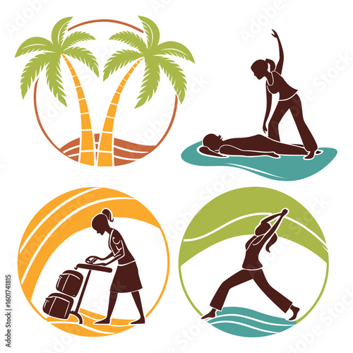 Tropical resort activities and wellness icons palm trees beach
