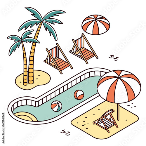 Tropical resort leisure scene with palm trees and beach chairs vacation