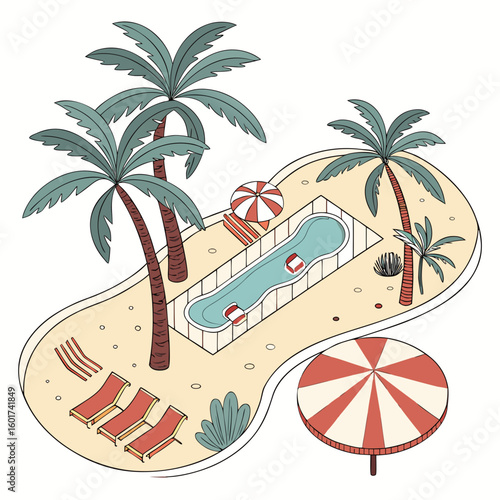 Tropical resort island with palm trees pool and lounge chairs tropical island swimming pool
