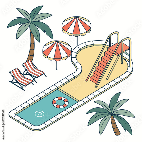 Tropical resort poolside recreation scene with palm trees and lounge chairs vector