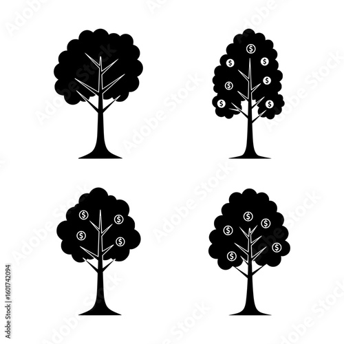 Black Tree Illustrations Showing Growth from a Plain Tree to Trees Bearing Dollar Symbol Fruits on a White Background Representing Financial Growth and Investment