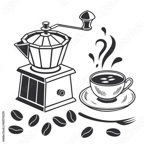 Vintage coffee grinder cup and beans illustration saucer coffee beans