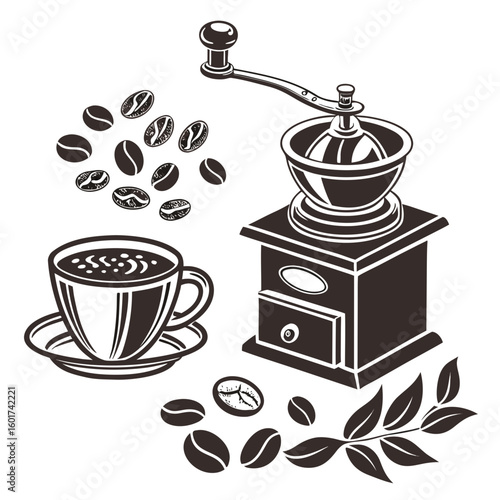 Vintage coffee grinder cup beans and branch saucer coffee beans