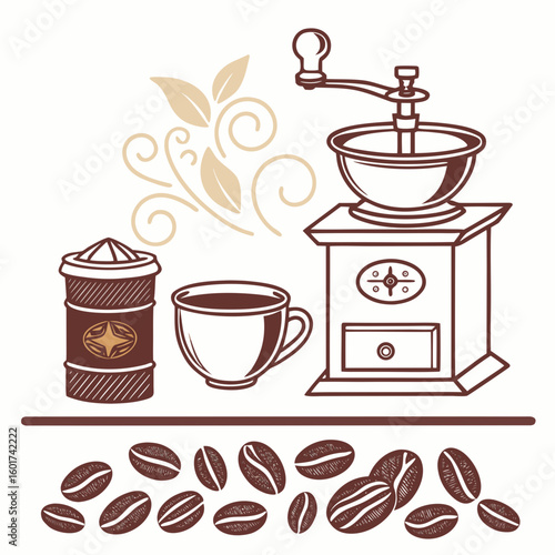 Vintage coffee grinder cup and beans vector