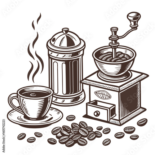 Vintage coffee grinder cup and beans illustration steam