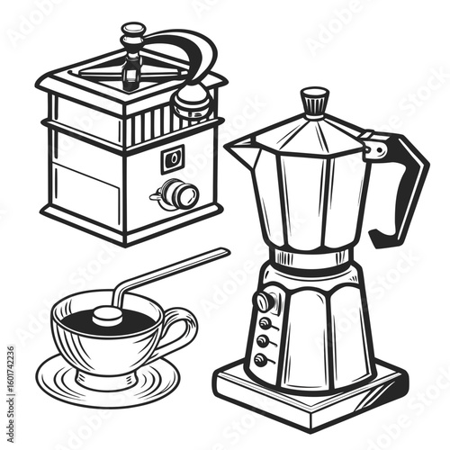 Vintage coffee grinder moka pot espresso cup saucer vector