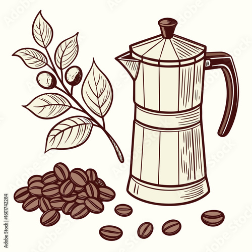 Vintage coffee set with beans and branch coffee beans coffee pot