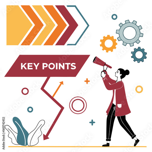 Woman with megaphone and gears infographic arrows