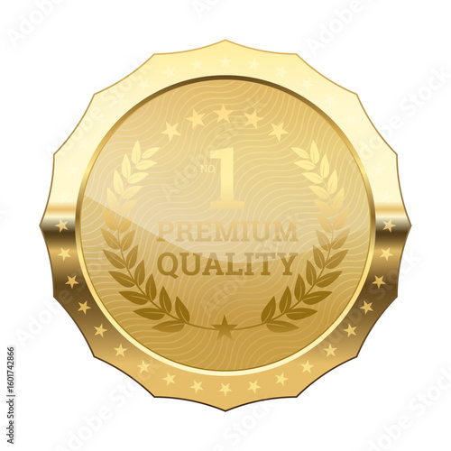 Luxury Gold Medal, Premium Quality golden Polygon shiny sticker Badge with Stars glossy and shiny element Decoration for your website ,Premium Quality product, winner Award, vector isolated on white