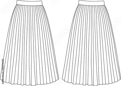 Fashion pleated skirt with yoke detail, vector garment sketch, stylish clothing illustration, flat design, professional CAD drawing layout