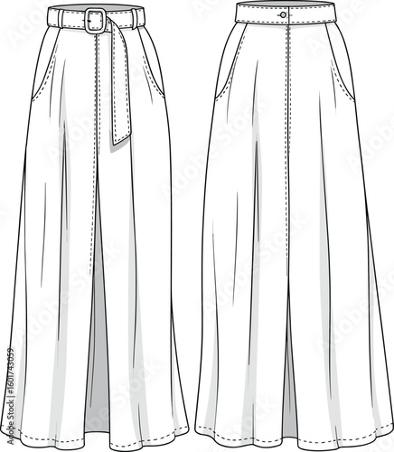 Fashion sketch of two long skirts with front slit, belt and button waistband detail, garment layout, cad drawing flat vector illustration