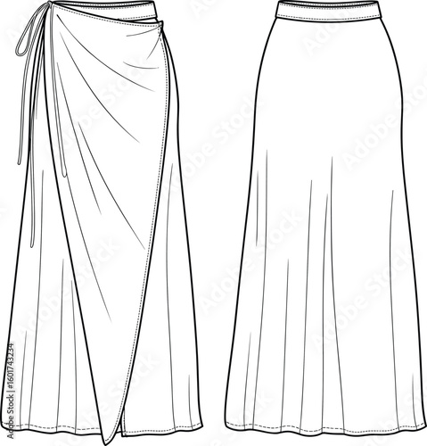 Wrap and long skirt fashion sketch front and back views, flap pockets and waistband detail, cad drawing flat vector illustration