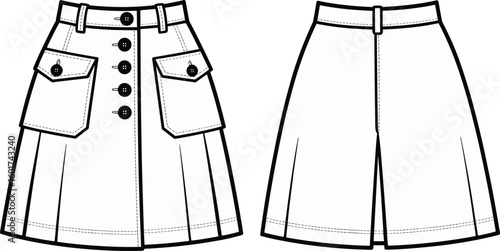 Utility skirt fashion sketch front and back views with flap pockets and button waistband layout, cad drawing flat vector illustration