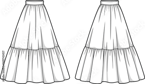 Tiered skirt fashion sketch front and back views, layered white silhouette with waistband detail, garment layout, cad drawing flat vector illustration