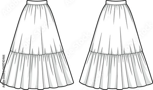 Tiered skirt fashion sketch front and back views, gathered layered hem, waistband detail layout, garment template, cad drawing flat vector illustration