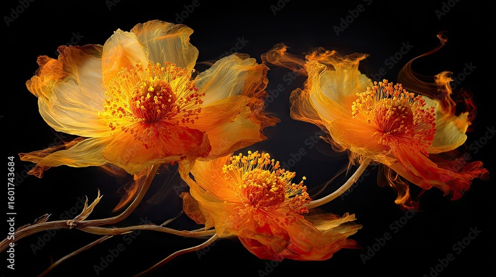 Fototapeta premium Intricate orange flowers in motion against a dark background.