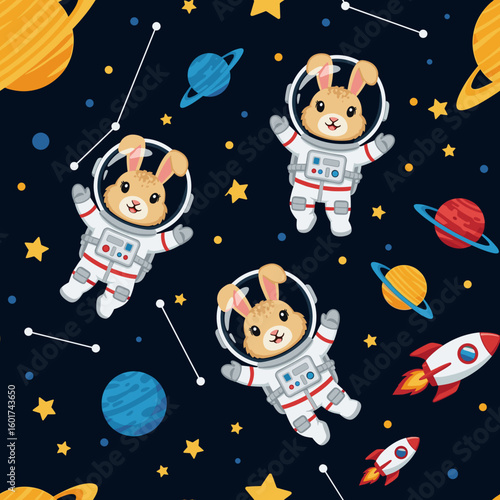 Adorable bunnies in astronaut suits floating in space, perfect for children's products, textiles, or websites.