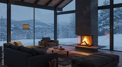 Cozy winter cabin living room with fireplace