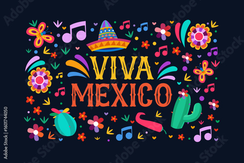 decorative design viva mexico for  poster design. cactus, sombrero, flower and element celebration party