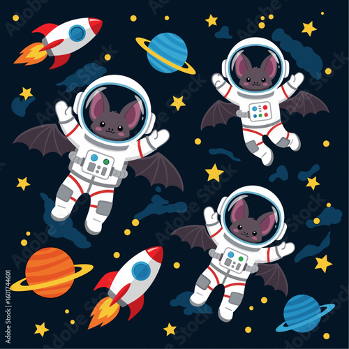 Cute Bats in Space Suits: Perfect for kids' apparel, children's books, or space-themed websites.