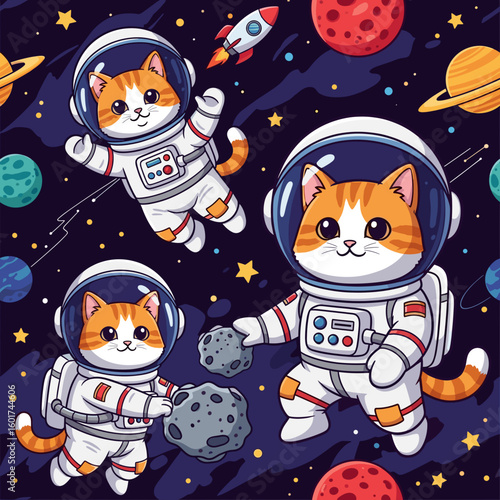 Cute orange tabby cats in astronaut suits floating in space, perfect for children's books or space-themed apparel.