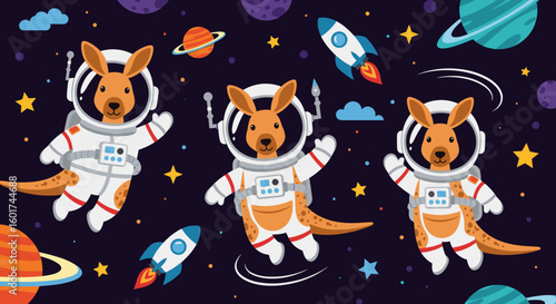 Cute kangaroos in astronaut suits floating in space, perfect for children's books, websites, or apparel.
