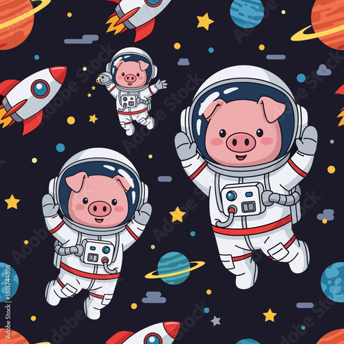 Cute pigs in astronaut suits floating in space, perfect for children's products or space-themed designs.