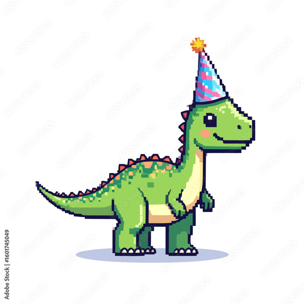 Obraz premium Adorable pixel art dinosaur wearing a party hat.