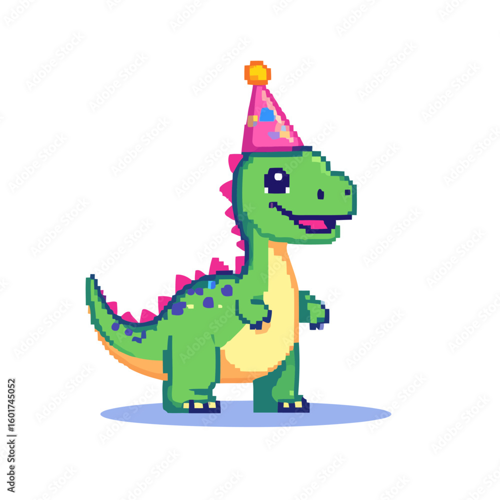 Fototapeta premium Happy pixel art dinosaur wearing a party hat.